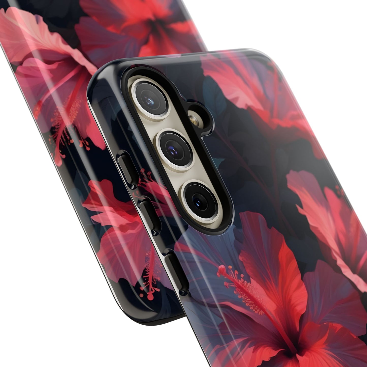 Vibrant red and pink hibiscus flowers blooming against a dark background| Floral phone case design