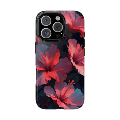 Vibrant red and pink hibiscus flowers blooming against a dark background| Floral phone case design