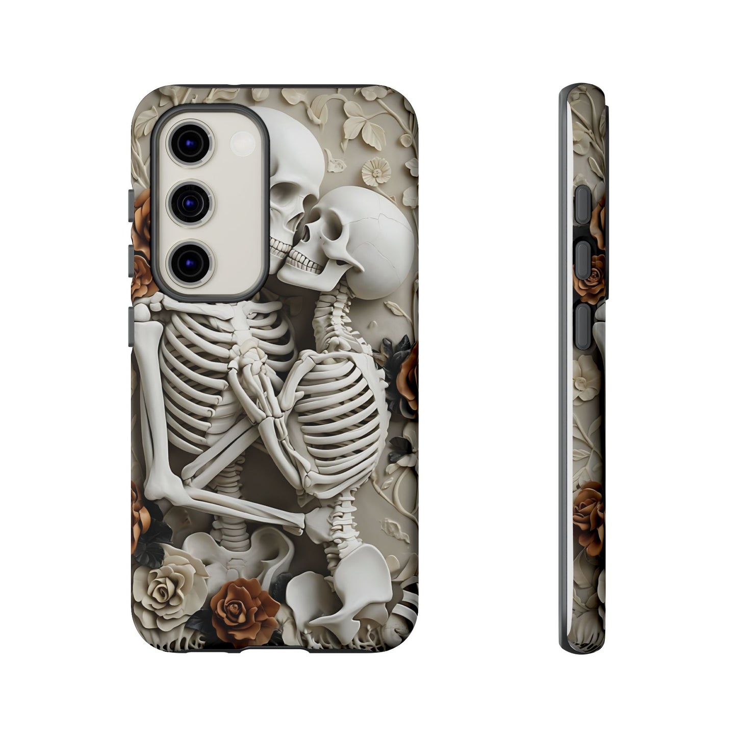 Surreal Bas-Relief Sculpture of Embracing Skeletons with Flowers phone case design.