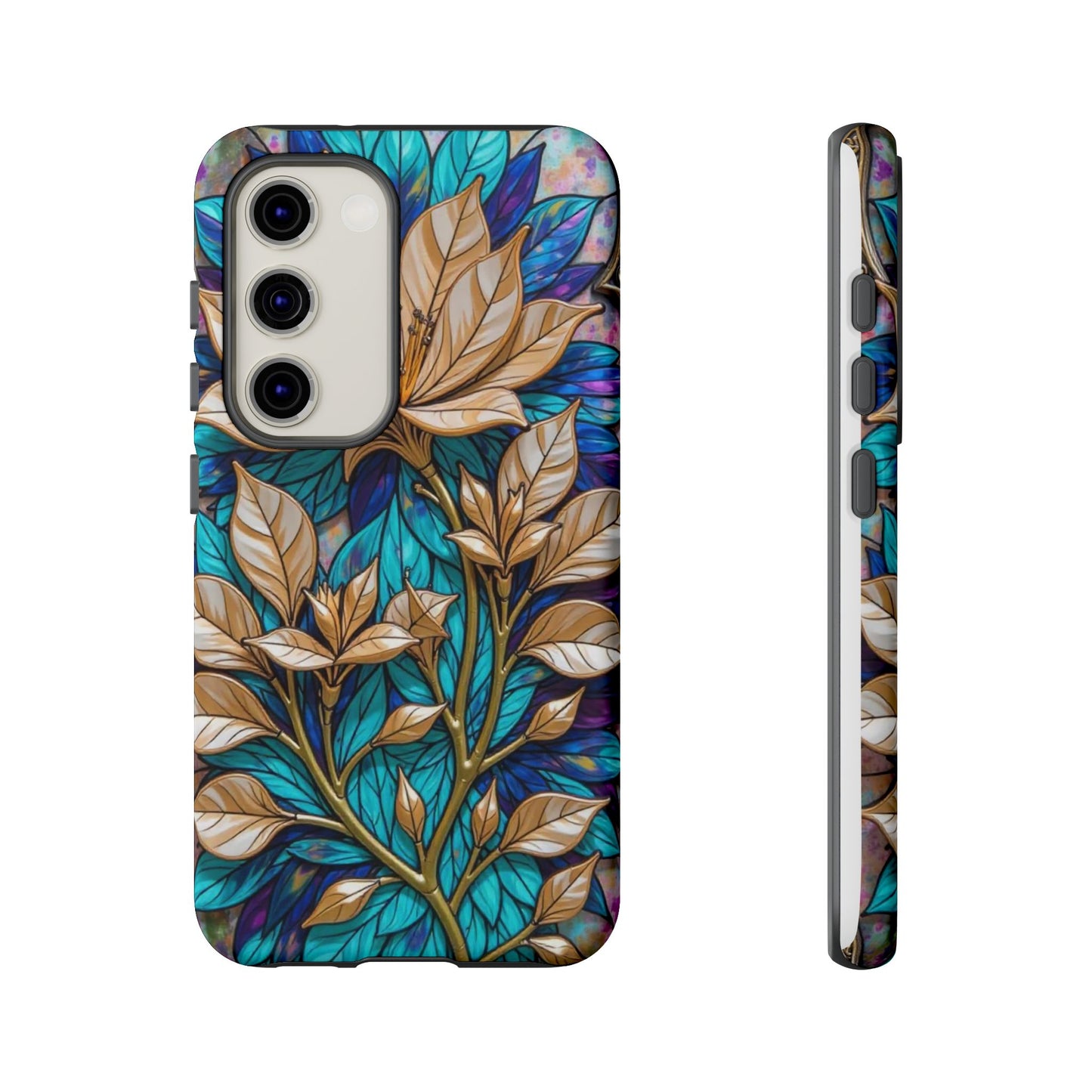 Majestic Golden Blossoms on Mosaic Blue Splendor