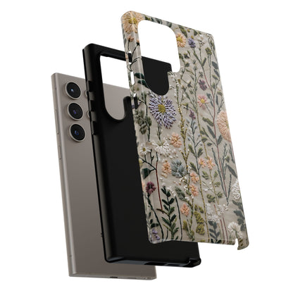 Intricate Embroidery Artwork Featuring Botanical Elements On Beige phone case design.