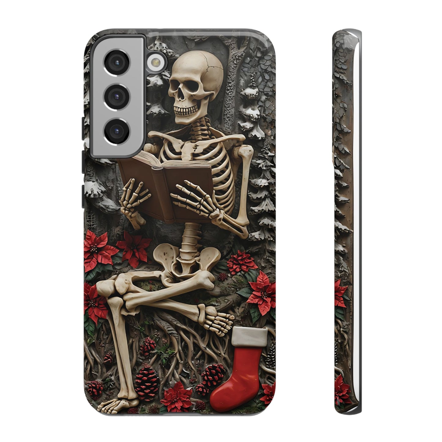 Surreal Relief Sculpture of Skeleton Reading Amidst Festive Decor phone case design