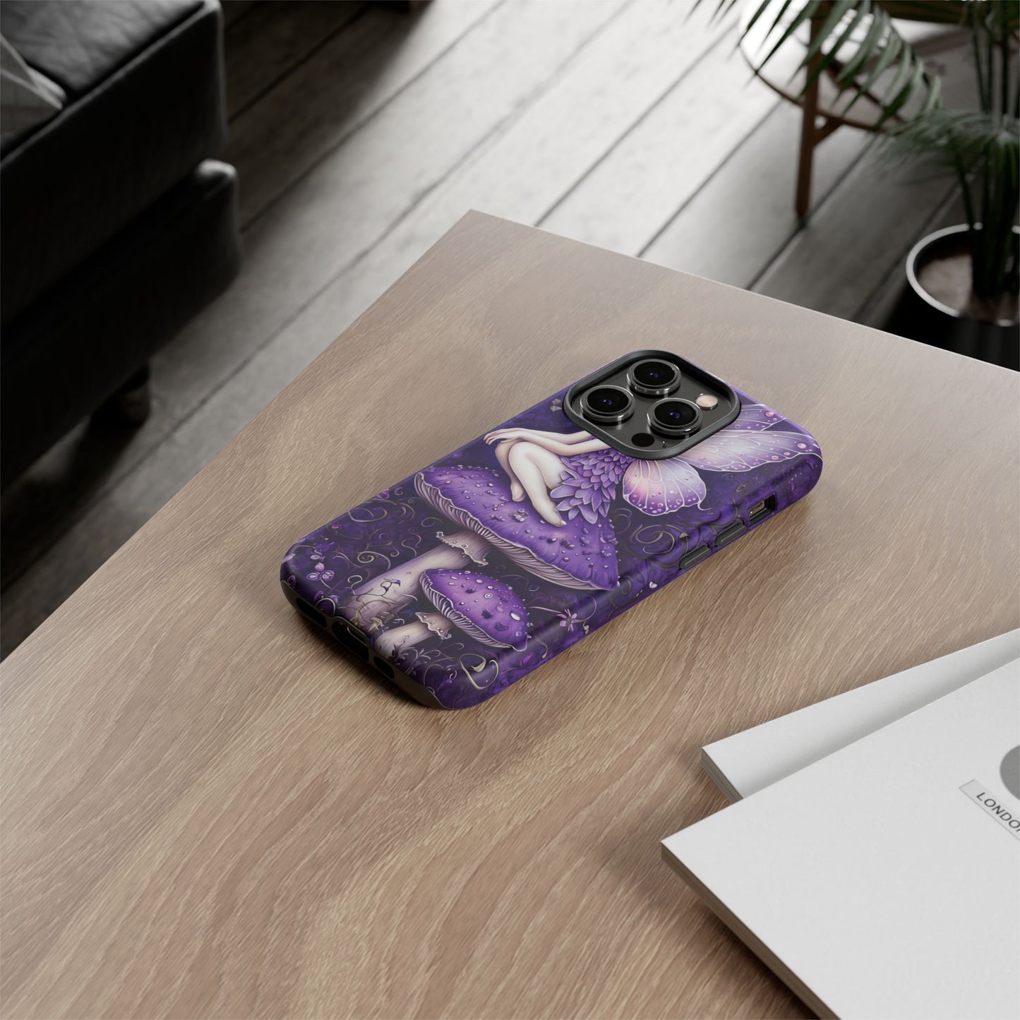 Whimsical Fairy Seated On Purple Mushroom In Enchanting Scene phone case design.