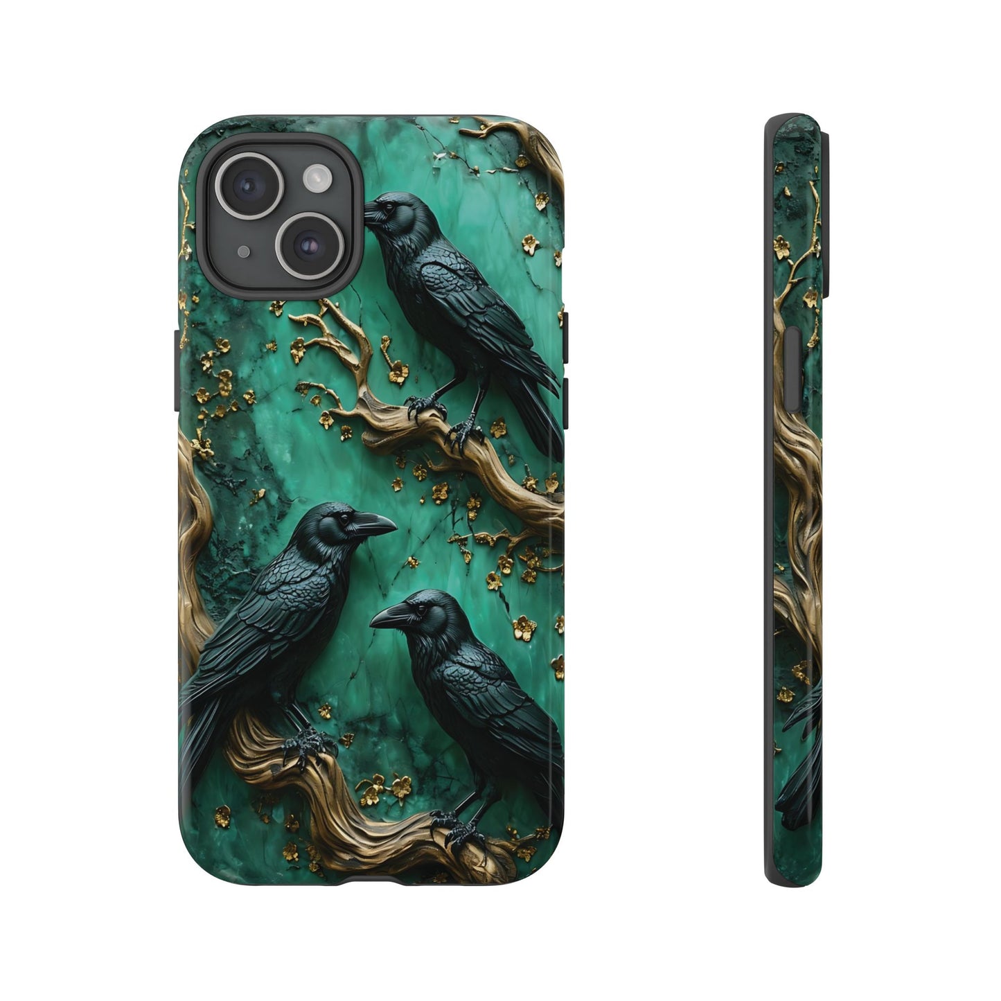 Three Black Ravens Perched On Gold-Accent Branches phone case design