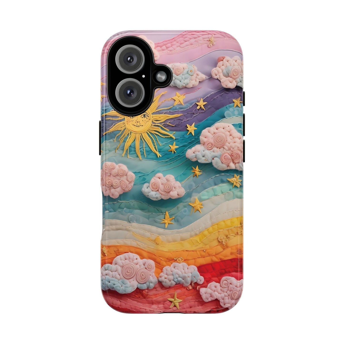 Whimsical Fiber Art Sky Scene With Dynamic Stripes And Clouds phone case design.