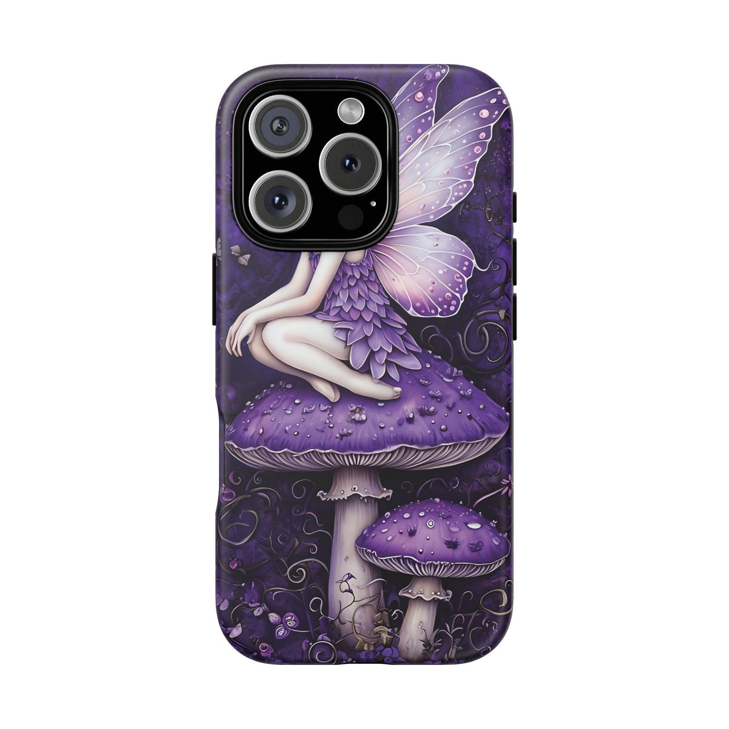Whimsical Fairy Seated On Purple Mushroom In Enchanting Scene phone case design.