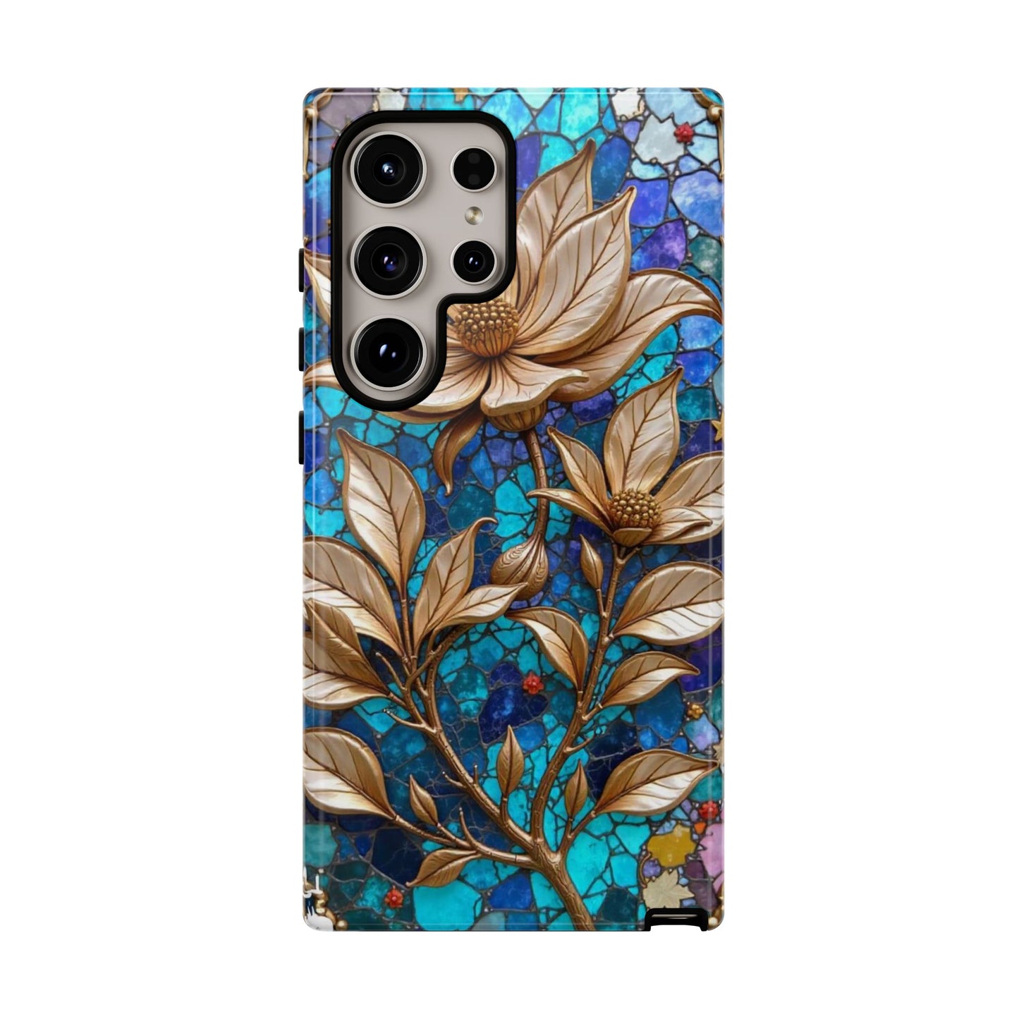Golden Blossoms on Mosaic Blue Elegance