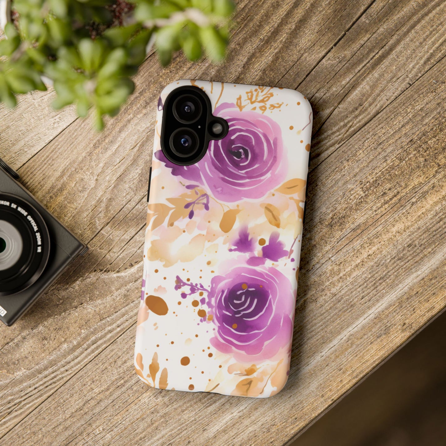Purple Bloom Watercolor Mobile Case – Artistic Elegance in Gold & Lilac