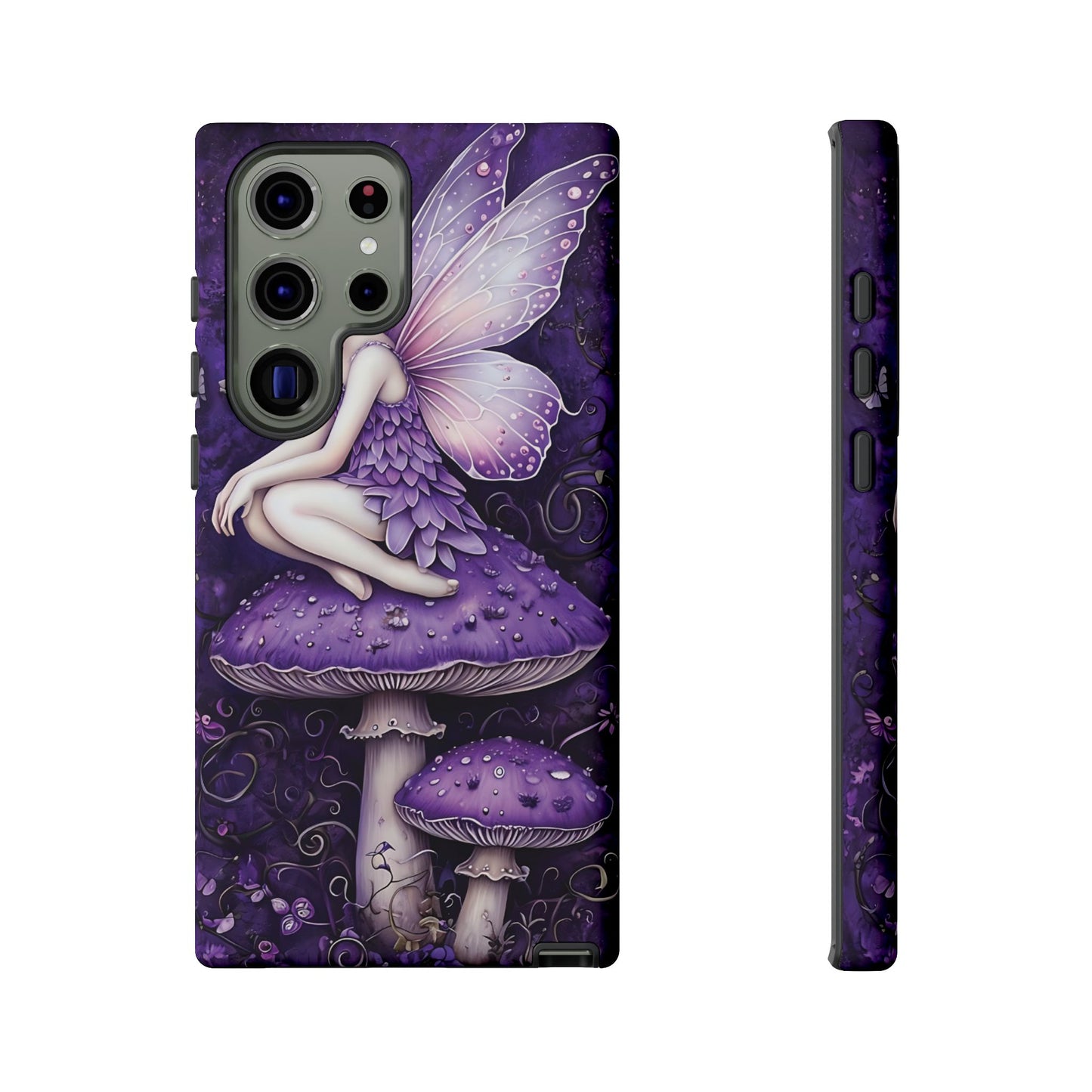 Whimsical Fairy Seated On Purple Mushroom In Enchanting Scene phone case design.