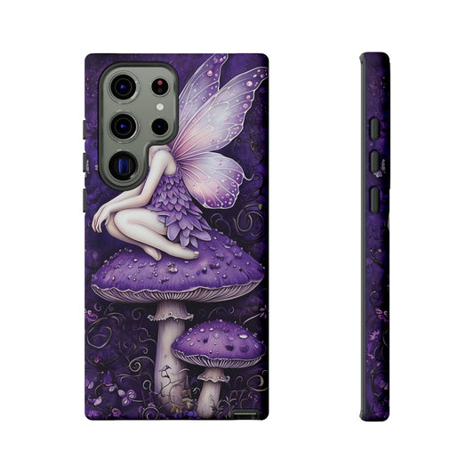 Whimsical Fairy Seated On Purple Mushroom In Enchanting Scene phone case design.
