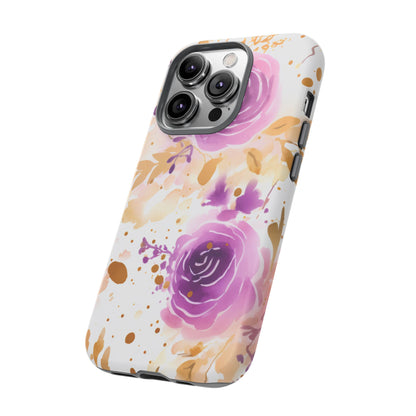 Purple Bloom Watercolor Mobile Case – Artistic Elegance in Gold & Lilac