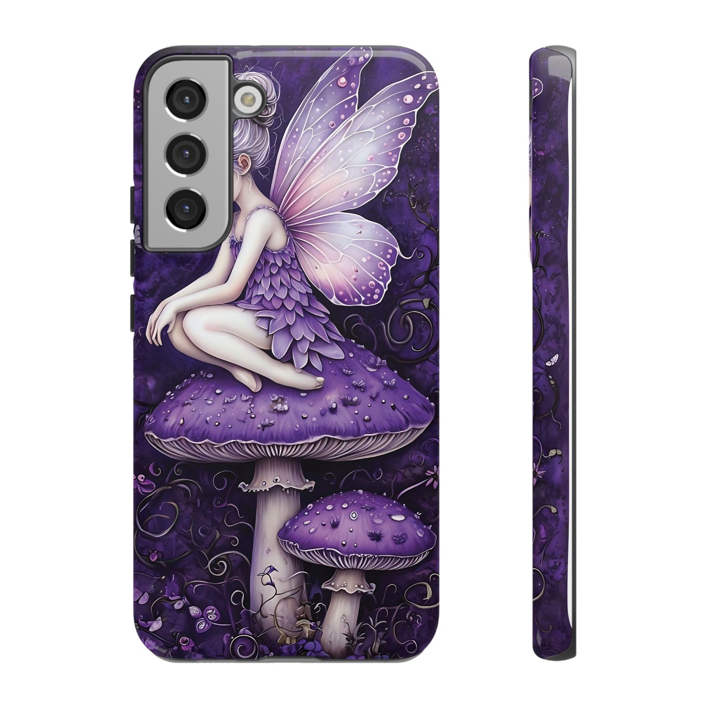 Whimsical Fairy Seated On Purple Mushroom In Enchanting Scene phone case design.