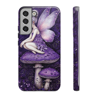 Whimsical Fairy Seated On Purple Mushroom In Enchanting Scene phone case design.