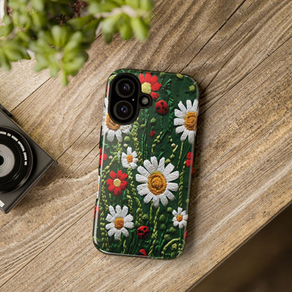 Intricate Embroidered Fabric Featuring Daisies And Ladybugs phone case design