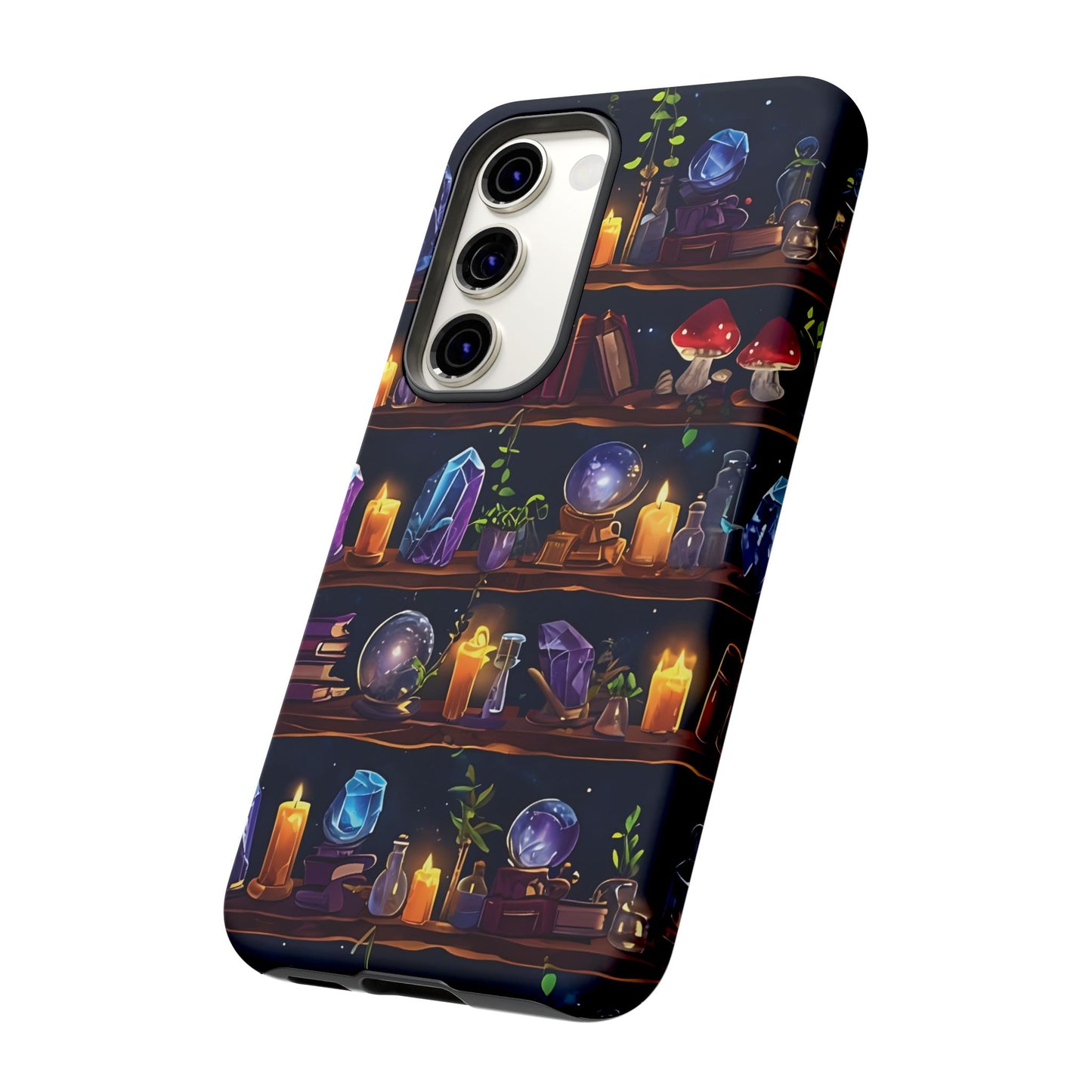 Fantasy Seamless Pattern Of Wooden Shelves Filled With Mystical Items phone case design.