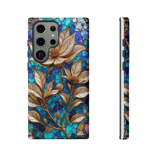 Golden Blossoms on Mosaic Blue Elegance