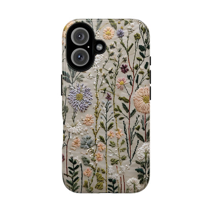 Intricate Embroidery Artwork Featuring Botanical Elements On Beige phone case design.