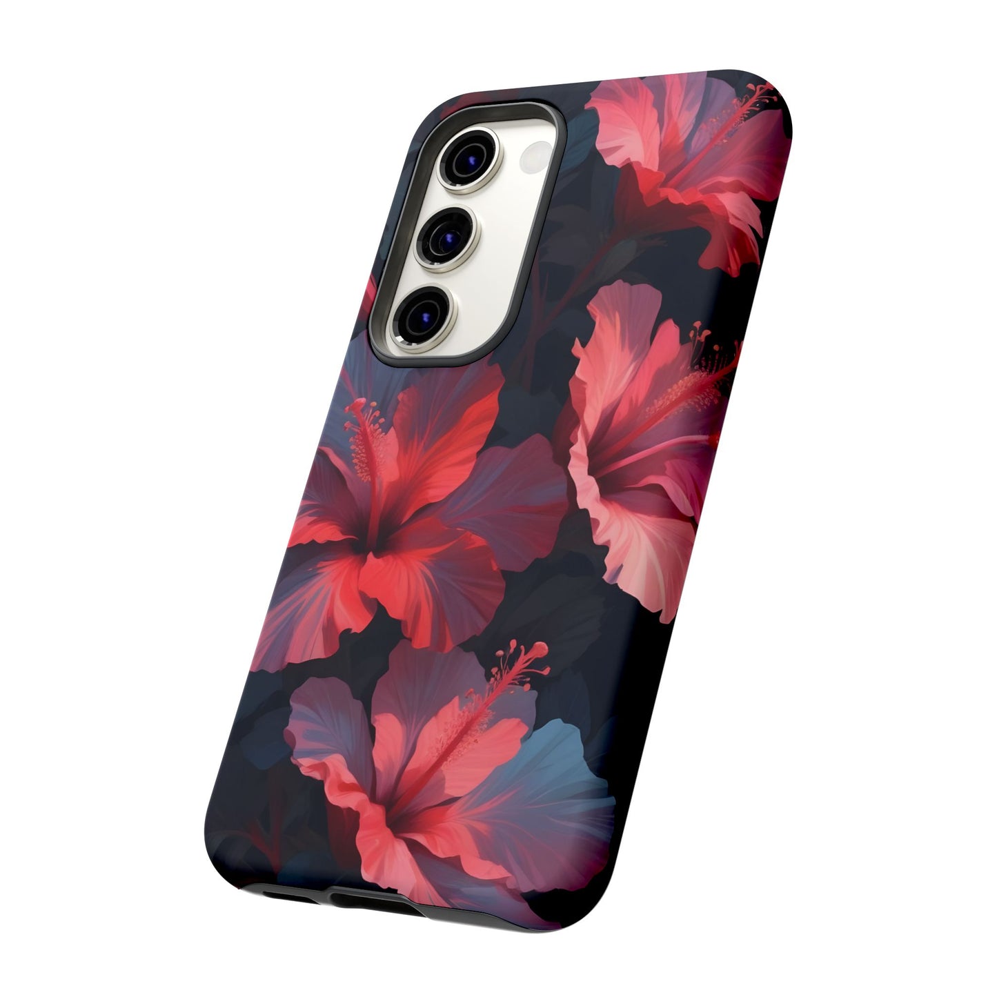 Vibrant red and pink hibiscus flowers blooming against a dark background| Floral phone case design