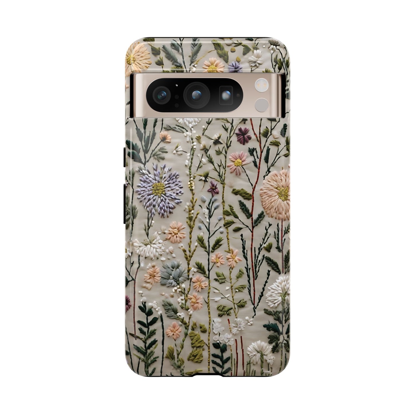 Intricate Embroidery Artwork Featuring Botanical Elements On Beige phone case design.