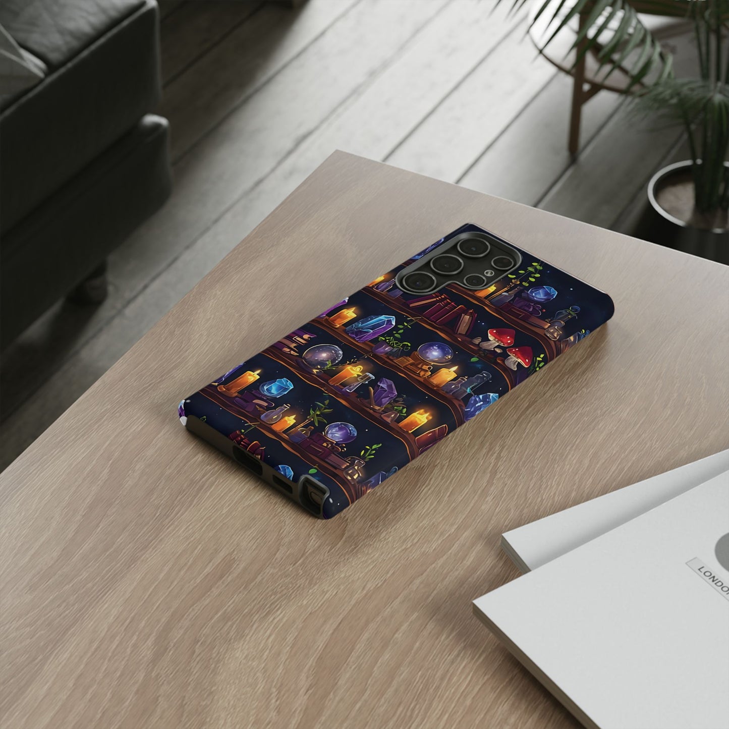 Fantasy Seamless Pattern Of Wooden Shelves Filled With Mystical Items phone case design.