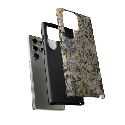 Intricate Embroidery Artwork Featuring Botanical Elements On Beige phone case design.