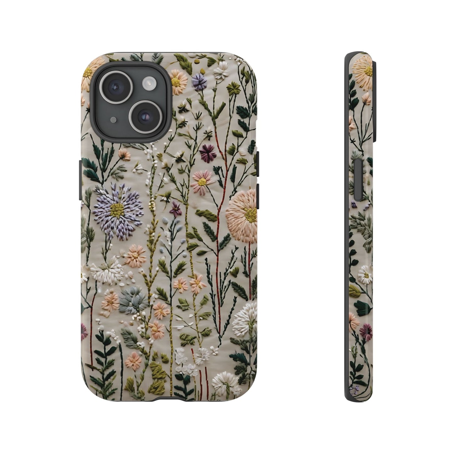 Intricate Embroidery Artwork Featuring Botanical Elements On Beige phone case design.