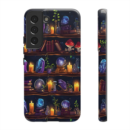 Fantasy Seamless Pattern Of Wooden Shelves Filled With Mystical Items phone case design.