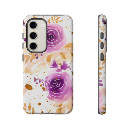 Purple Bloom Watercolor Mobile Case – Artistic Elegance in Gold & Lilac