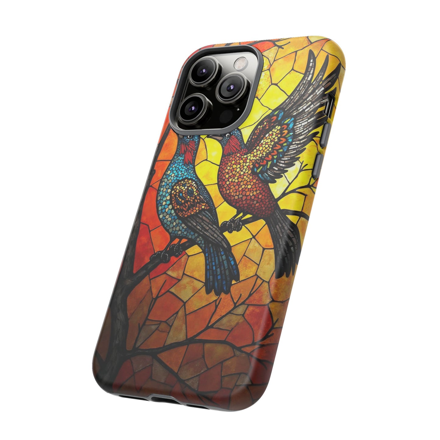 Vibrant Hummingbirds with Stained Glass Charm