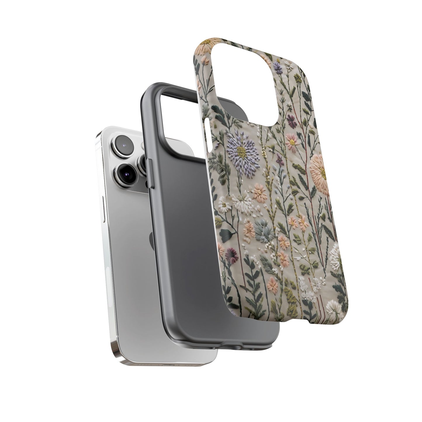 Intricate Embroidery Artwork Featuring Botanical Elements On Beige phone case design.