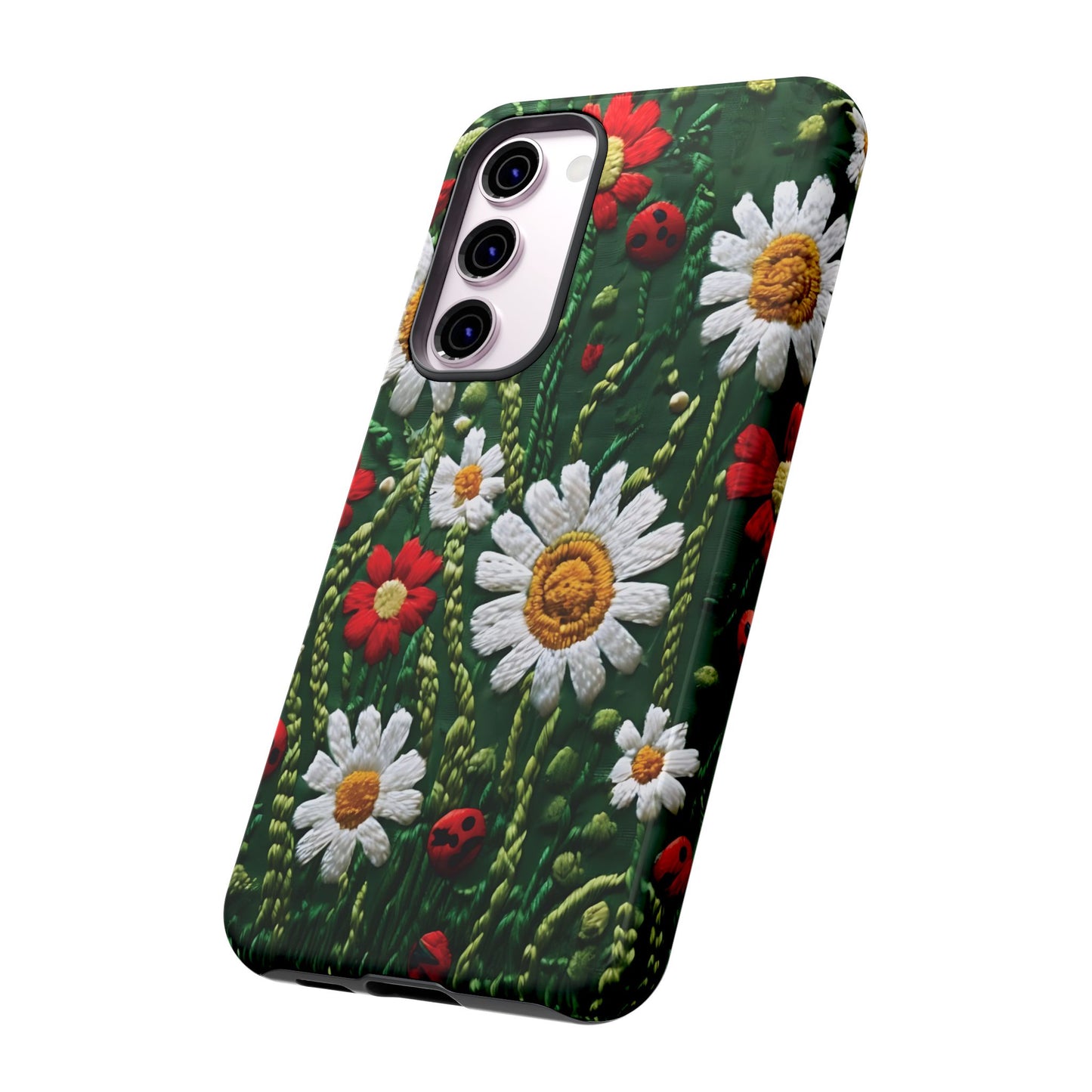 Intricate Embroidered Fabric Featuring Daisies And Ladybugs phone case design