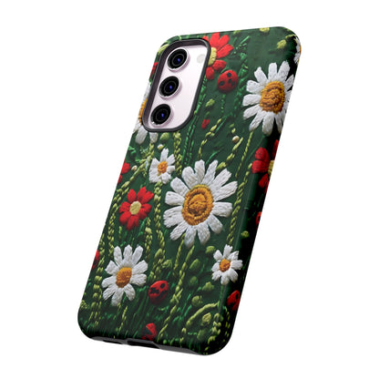 Intricate Embroidered Fabric Featuring Daisies And Ladybugs phone case design