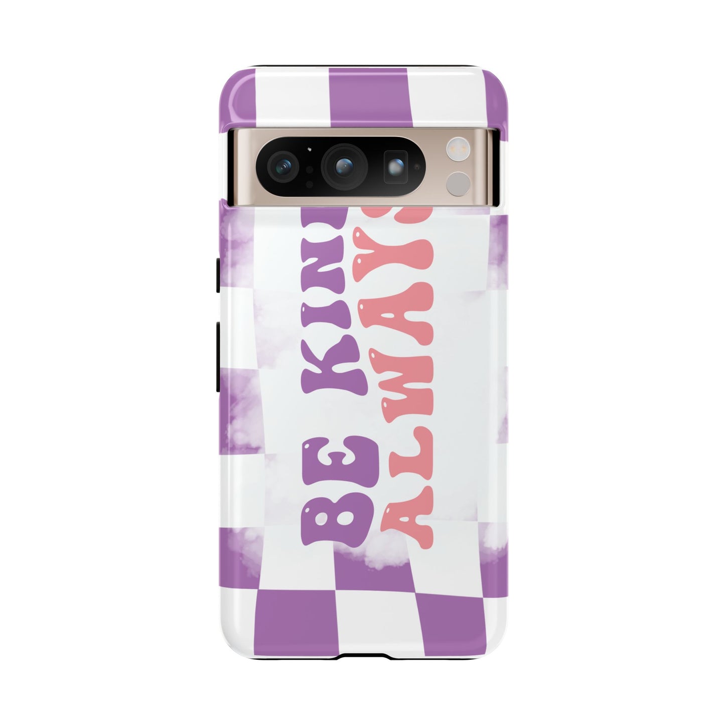 Be Kind Always Phone Case, Motivational Quote Cover for iPhone, Samsung & Google Pixel White Purple Checkered Pattern Phone Cover, Wavy Text Case, Kindness Phone Case, Inspirational Gift