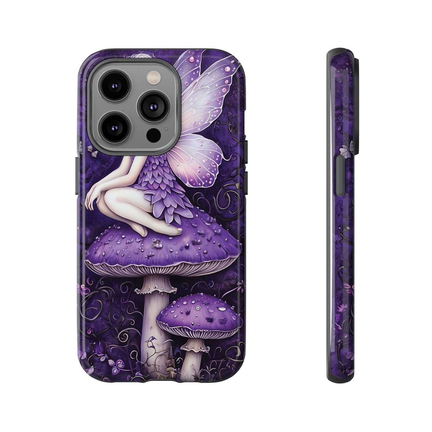 Whimsical Fairy Seated On Purple Mushroom In Enchanting Scene phone case design.