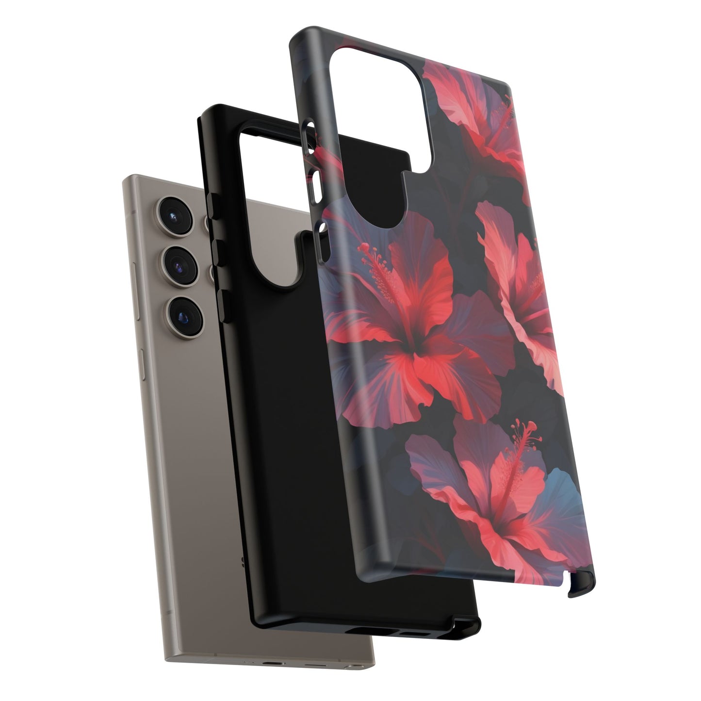 Vibrant red and pink hibiscus flowers blooming against a dark background| Floral phone case design