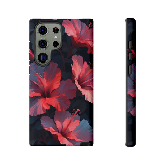 Vibrant red and pink hibiscus flowers blooming against a dark background| Floral phone case design