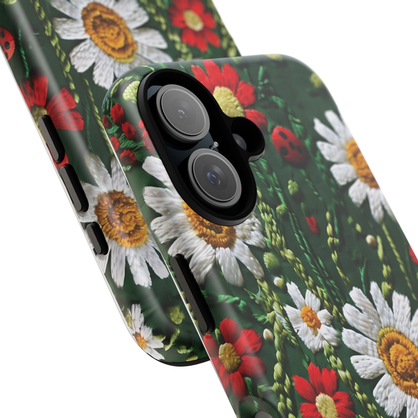 Intricate Embroidered Fabric Featuring Daisies And Ladybugs phone case design