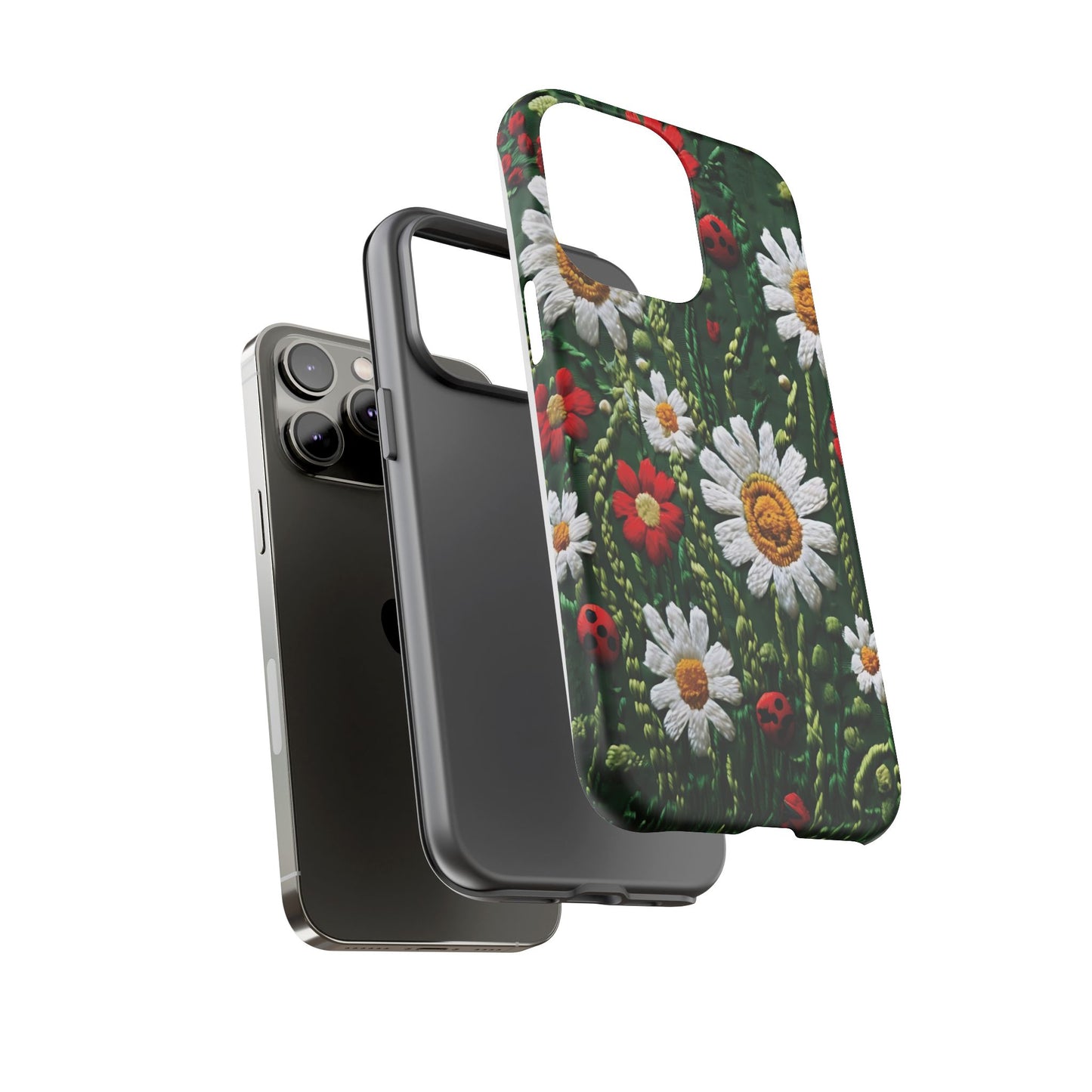 Intricate Embroidered Fabric Featuring Daisies And Ladybugs phone case design