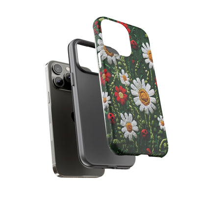Intricate Embroidered Fabric Featuring Daisies And Ladybugs phone case design