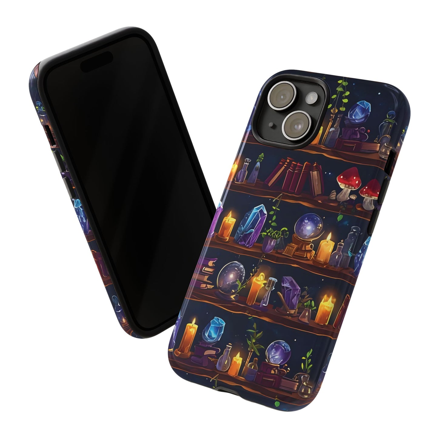 Fantasy Seamless Pattern Of Wooden Shelves Filled With Mystical Items phone case design.