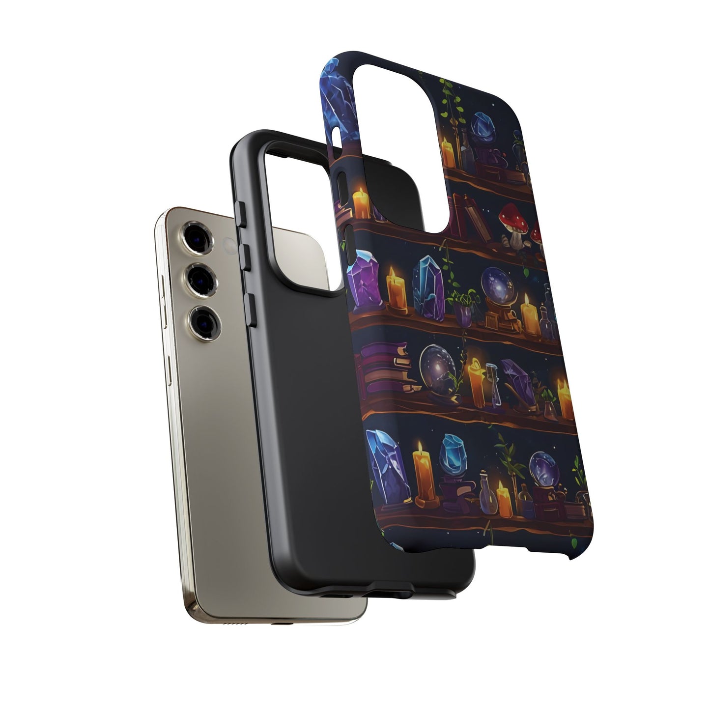 Fantasy Seamless Pattern Of Wooden Shelves Filled With Mystical Items phone case design.