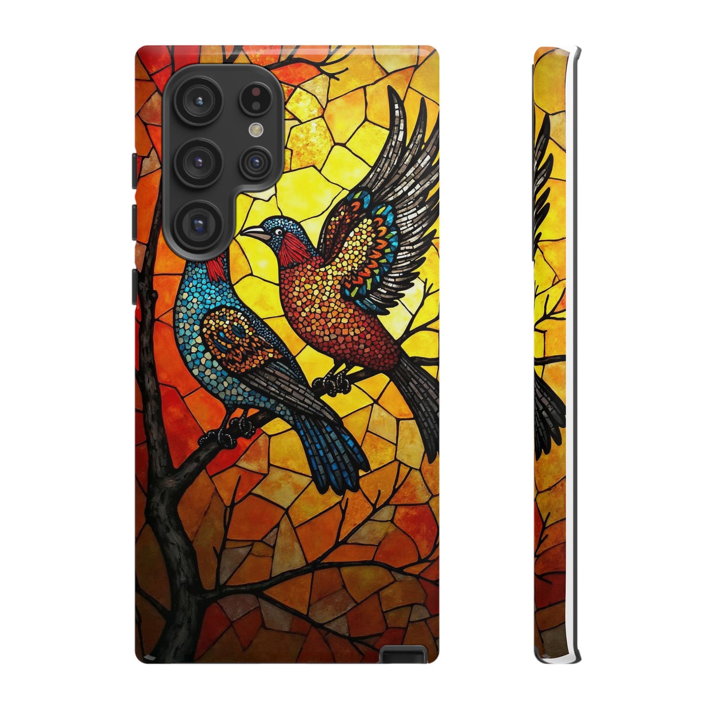 Vibrant Hummingbirds with Stained Glass Charm