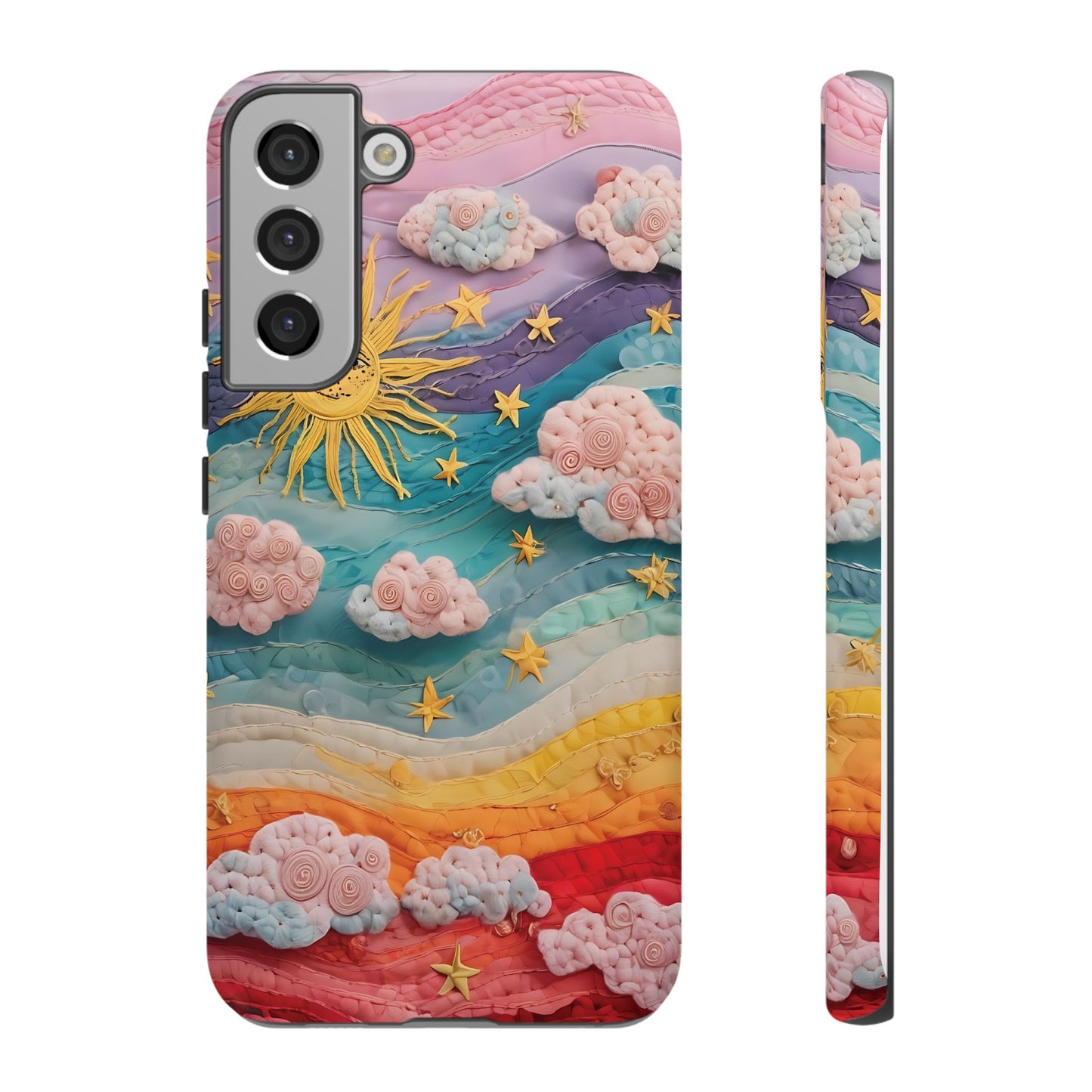 Whimsical Fiber Art Sky Scene With Dynamic Stripes And Clouds phone case design.