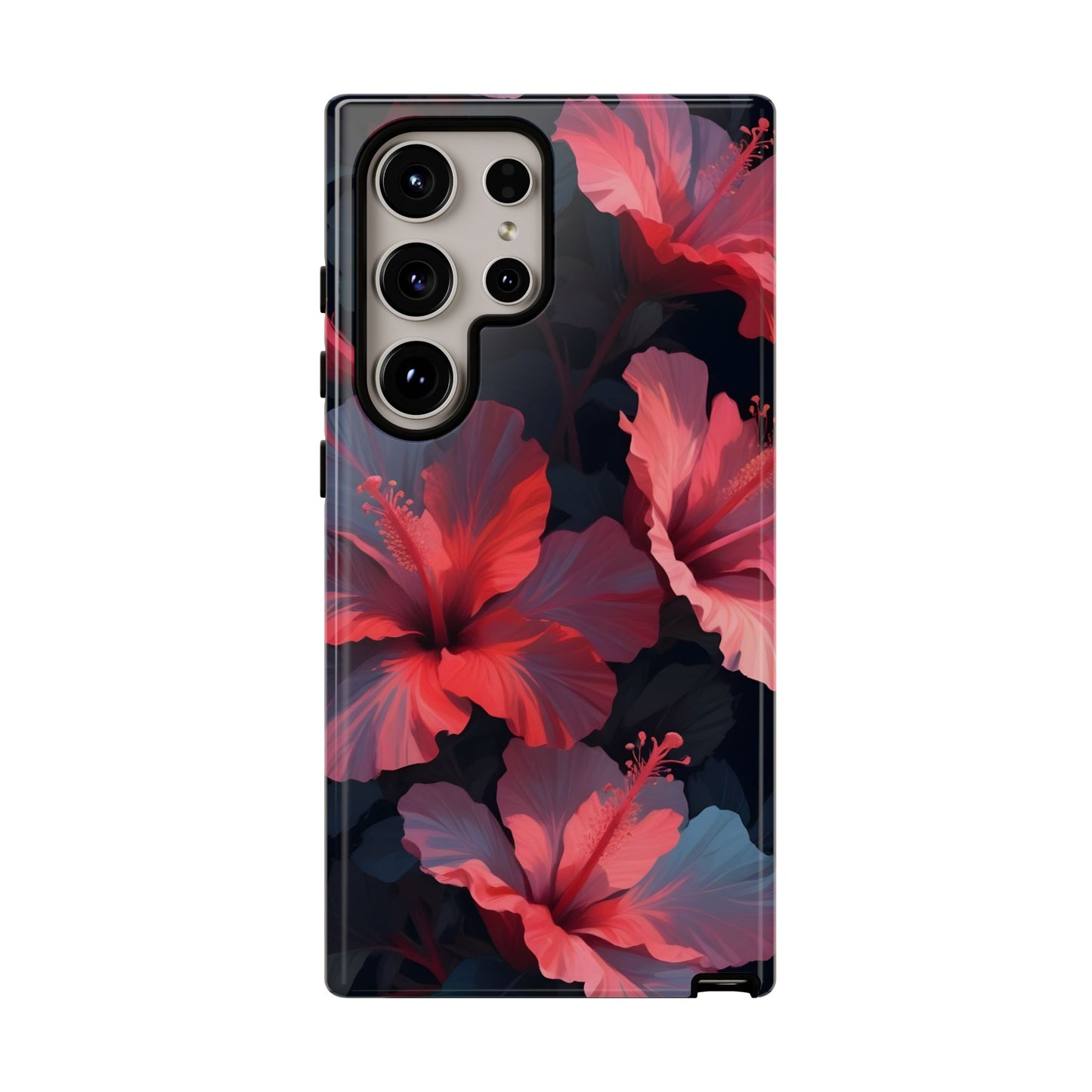 Vibrant red and pink hibiscus flowers blooming against a dark background| Floral phone case design