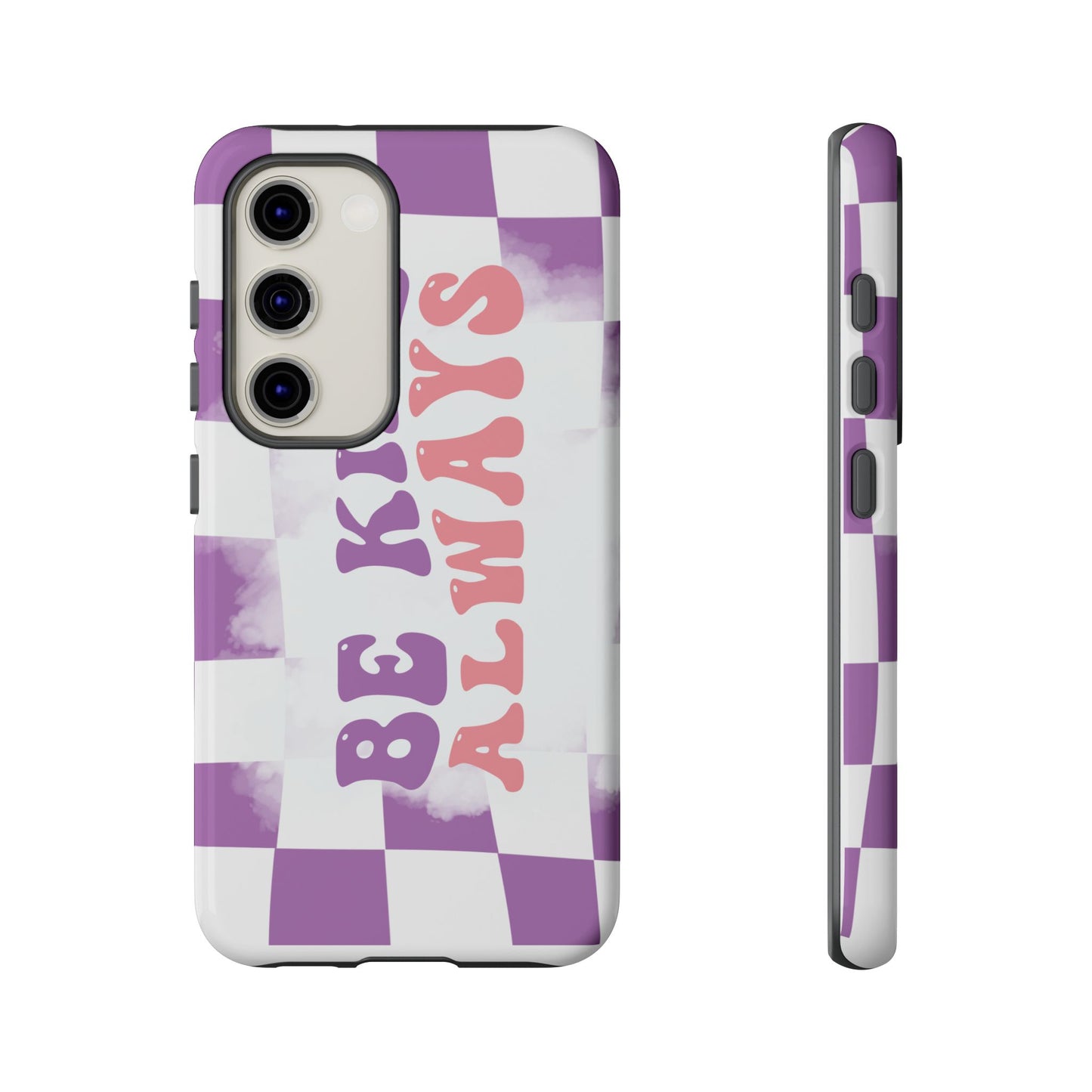 Be Kind Always Phone Case, Motivational Quote Cover for iPhone, Samsung & Google Pixel White Purple Checkered Pattern Phone Cover, Wavy Text Case, Kindness Phone Case, Inspirational Gift
