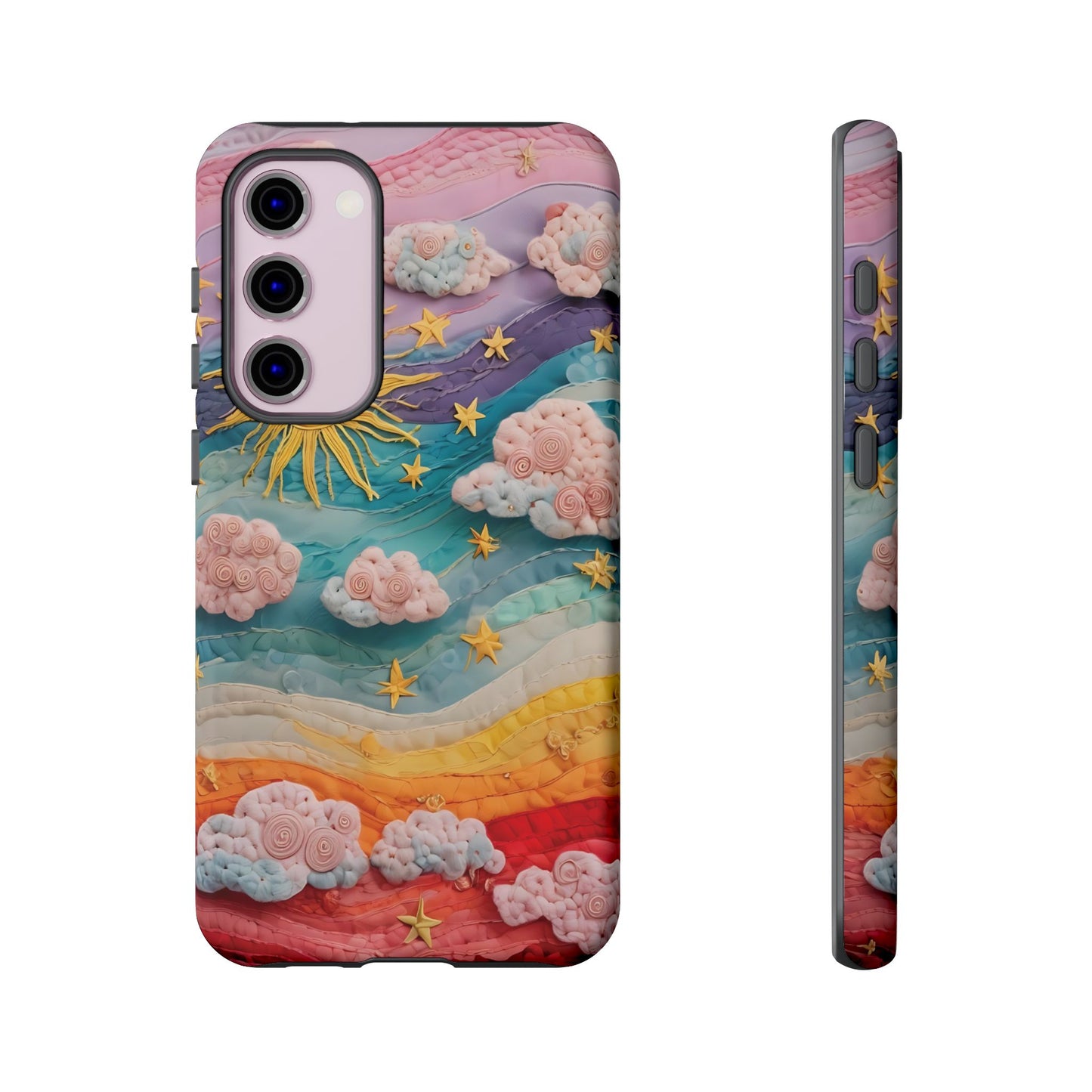Whimsical Fiber Art Sky Scene With Dynamic Stripes And Clouds phone case design.