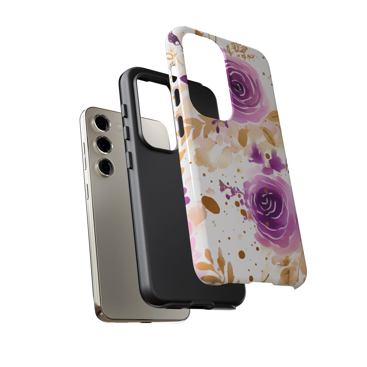 Purple Bloom Watercolor Mobile Case – Artistic Elegance in Gold & Lilac