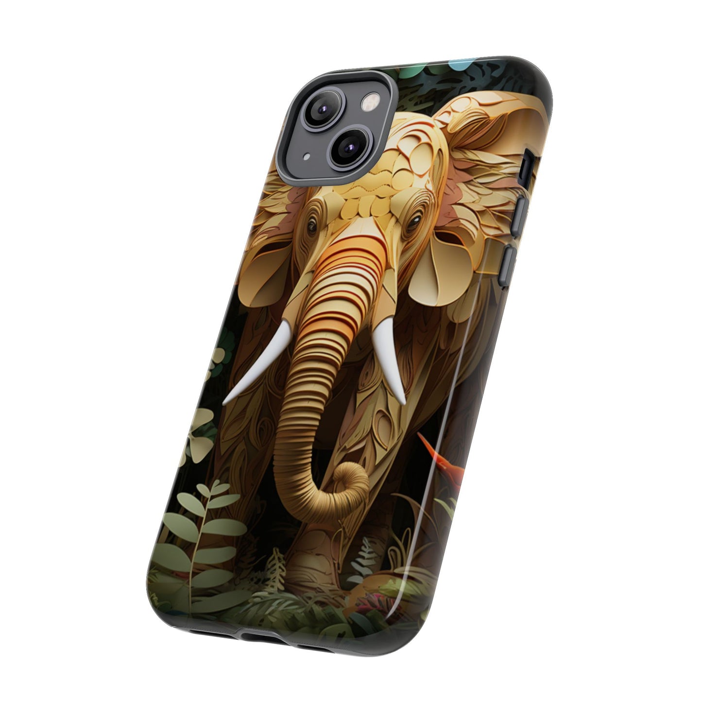 Golden Jungle Elephant Mobile Cover – Intricate Paper Art Design