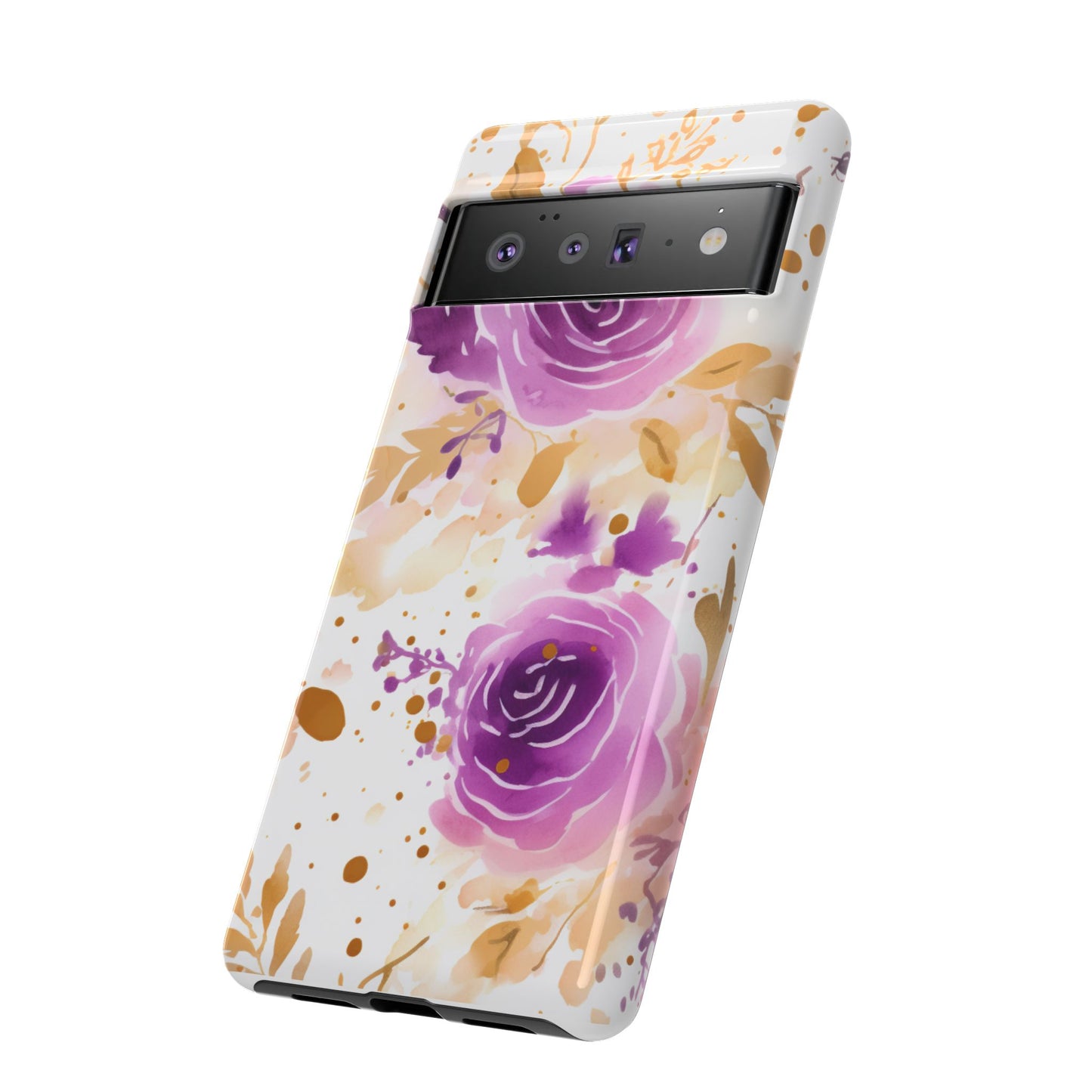Purple Bloom Watercolor Mobile Case – Artistic Elegance in Gold & Lilac