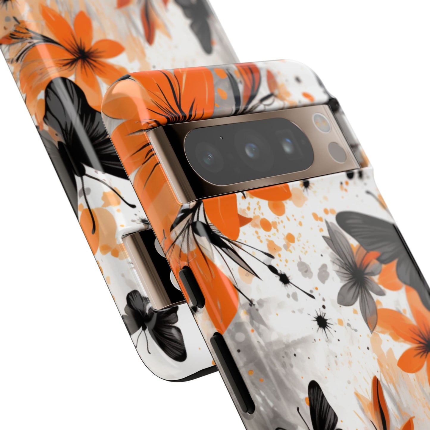 Bold Butterfly & Floral Splash Mobile Cover – Black & Orange Aesthetic